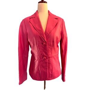 NWOT Pamela McCoy Pink Leather Jacket Tapered Waist Knot Button Pockets XS